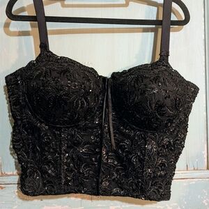 Vintage Elegant Black Sequin Lace Bustier With Zipper